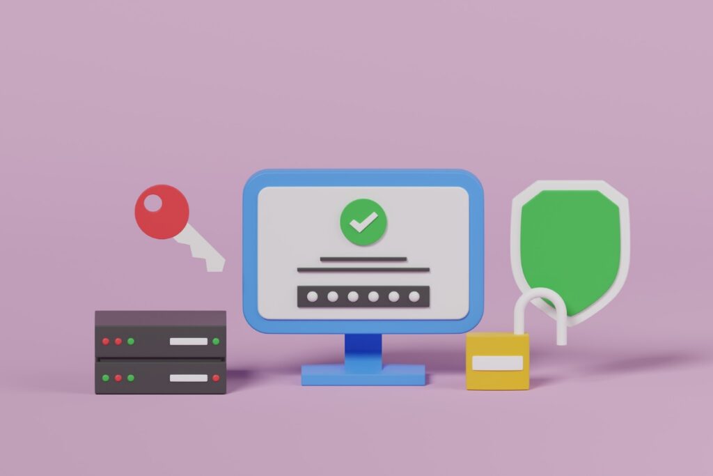 Ilustração colorida de segurança digital com monitor, senha, cadeado e escudo