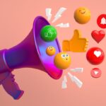 Megafone com emojis representando engajamento nas redes sociais através do marketing esportivo.